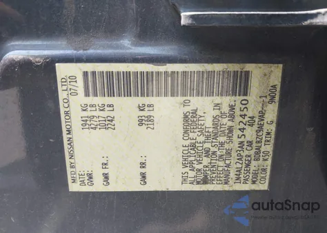 2010 Nissan Altima 2.5 S z USA, uszkodzony, nr VIN 1N4AL2AP3AN542450